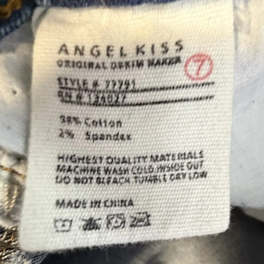 Angel Kiss Pearl Detail Jeans Women Juniors 7 Blue Skinny Destructed Rolled Cuff